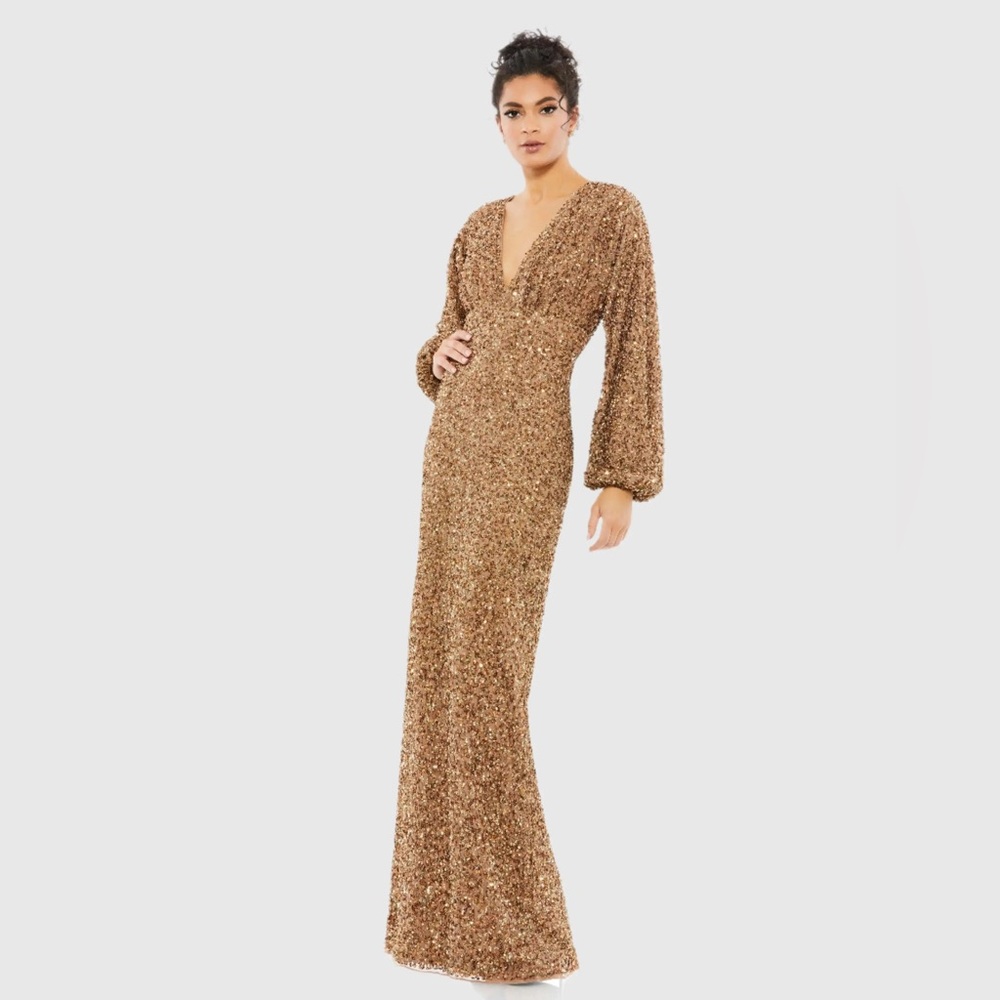 MAC DUGGAL Brown Sequined Puff Sleeve V Neck Gown ❤️NWT❤️IN STORES❤️